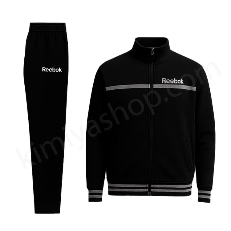 ست ورزشی مردانه ریبوک رنگ مشکی با نوار طوسی گرمکن و شلوار اسپرت Reebok