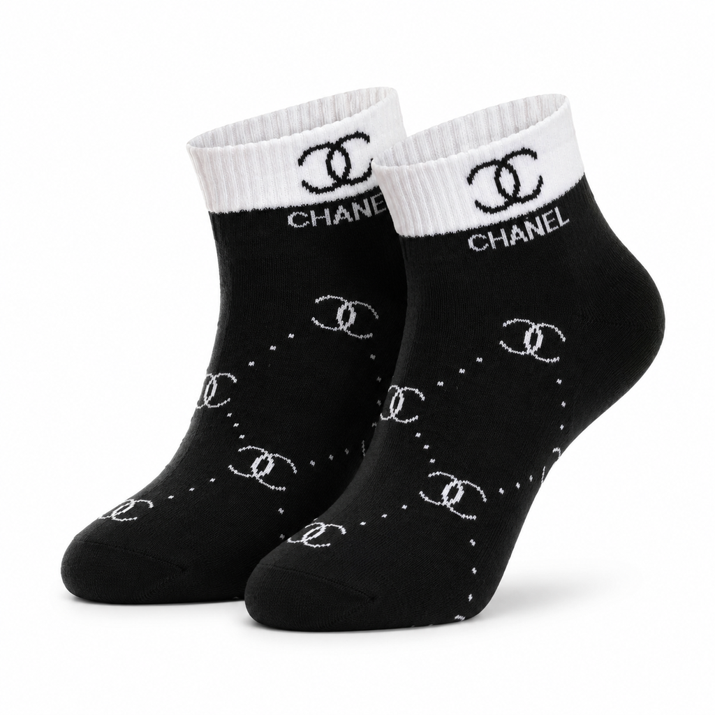 جوراب نیم ساق زنانه پنبه طرح شنل (Chanel) مشکی سفید